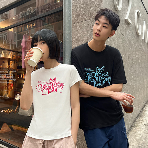 PSO Brand男装女装纯棉面料发泡款涂鸦小狗微弹白色短袖T恤情侣装