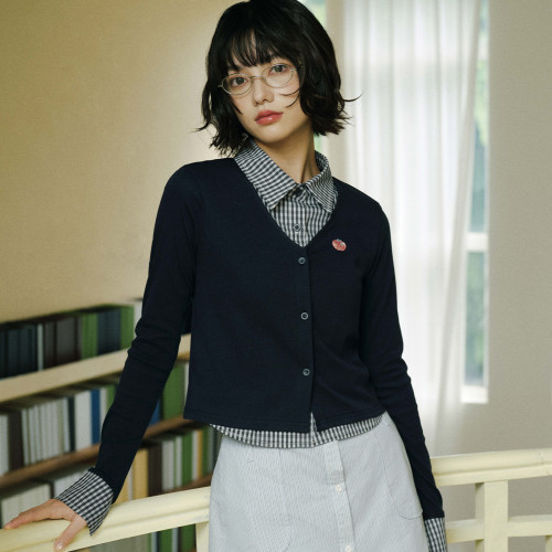 PSO Brand女装可爱苹果V领假两件拼接衬衫短款修身长袖开衫上衣秋