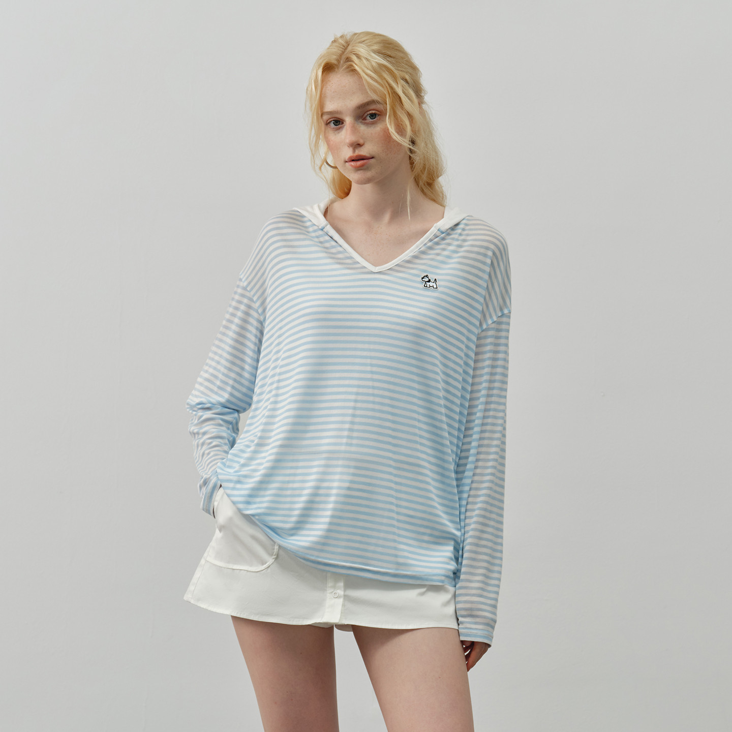 PSO Brand女装天丝莱赛尔薄款防晒条纹连帽长袖T恤女宽松罩衫上衣