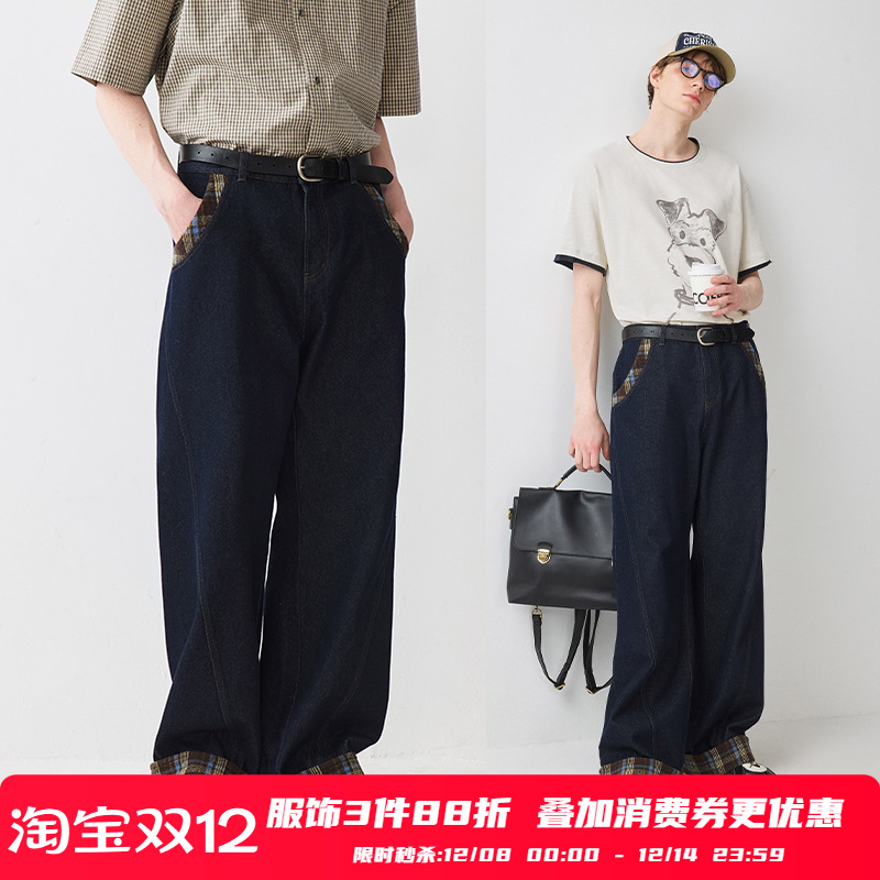 PSO Brand男装女装斜纹拼接格纹复古直筒宽松美式牛仔裤长裤潮牌