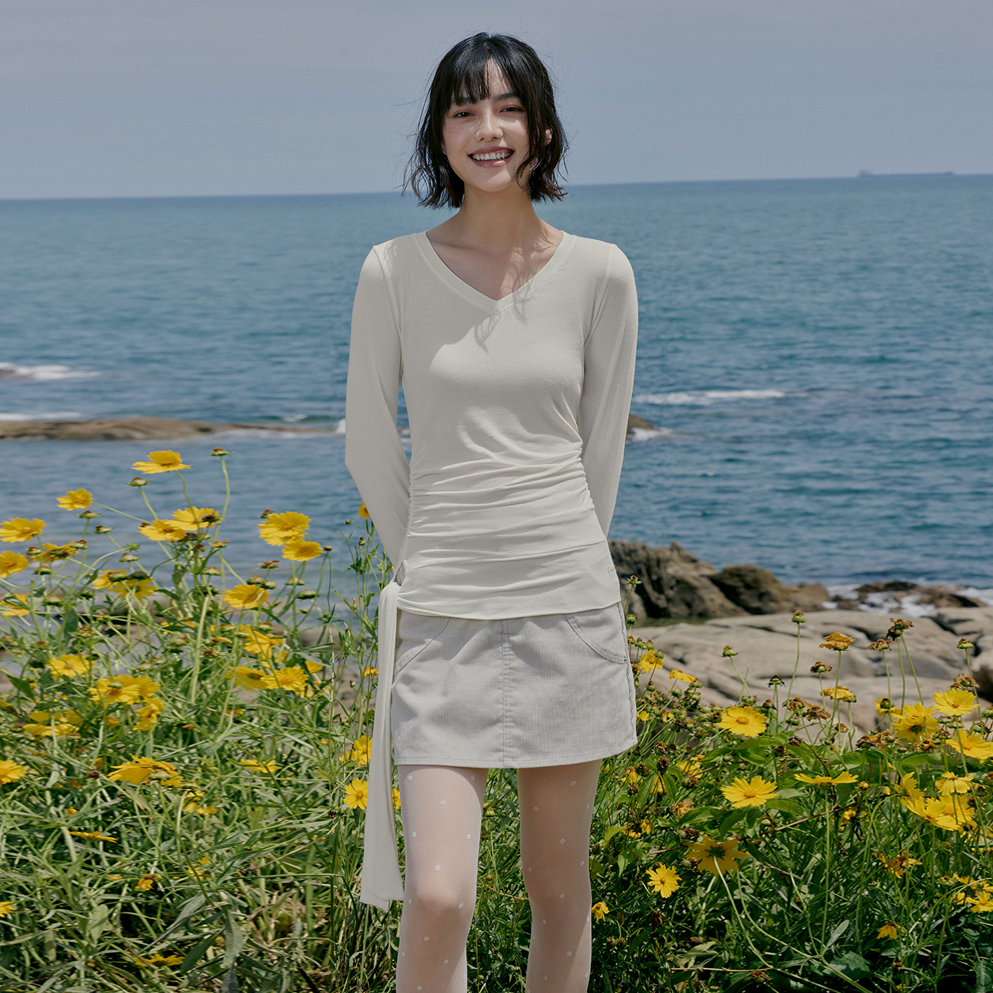 PSO Brand女装不规则下摆系带针织修身V领上衣长袖内搭打底衫薄款