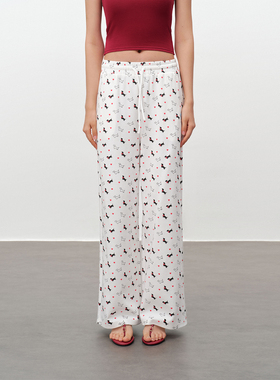 PSO Brand女装满幅可爱小狗直筒白色卫裤女款宽松阔腿休闲长裤