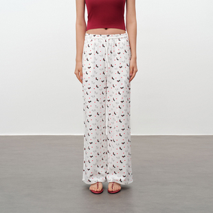 宽松阔腿休闲长裤 PSO 女款 满幅可爱小狗直筒白色卫裤 Brand女装