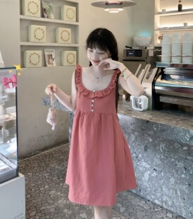 krismerryland纯欲巨显白树莓粉苎麻棉花边背心裙