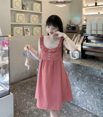 krismerryland纯欲巨显白树莓粉苎麻棉花边背心裙