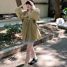 Emilyying春夏新款甜美少女浅松绿色娃娃领长袖上衣
