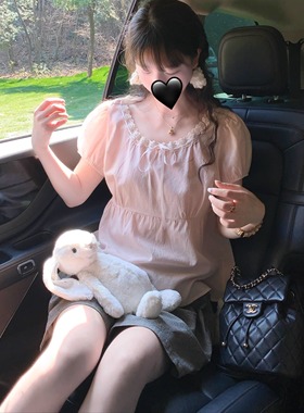 Emilyying春夏新款樱花粉纯欲甜美花边领天丝亚麻上衣