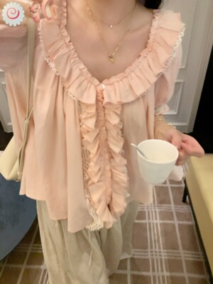 krismerryland淡橘粉重工少女花边领棉麻娃娃衫