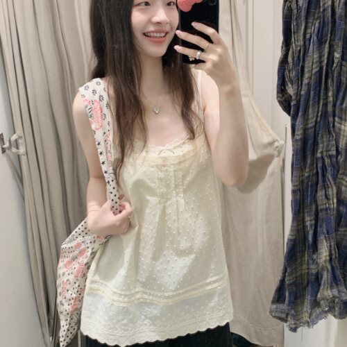 打褶绣花花边宽松百搭吊带