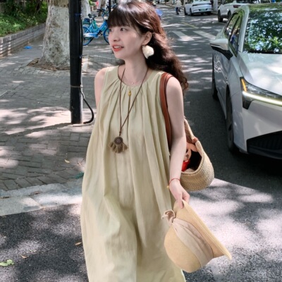 Emilyying2025新款天丝亚麻淡黄色度假日系长款打褶背心裙