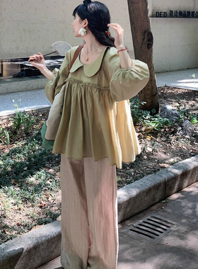 Emilyying春夏新款高级舒适亚麻竖条肌理感宽松休闲直筒裤