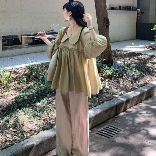 Emilyying春夏新款高级舒适亚麻竖条肌理感宽松休闲直筒裤