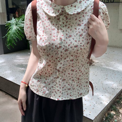 Emilyying春夏新款韩系全棉泡泡袖碎花娃娃领衬衫