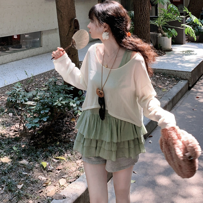 Emilyying夏季新款绿格子全棉叠穿蛋糕背心裙