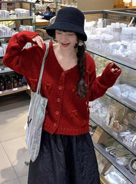 2024冬红色加厚重工手工蝴蝶结圣诞氛围毛衣