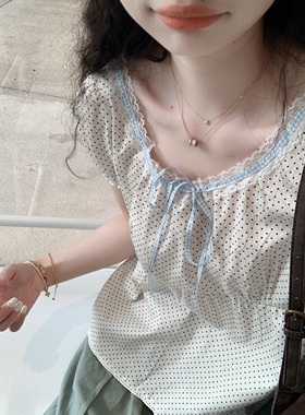 krismerryland春夏新款甜美纯欲花边领波点泡泡袖衬衫上衣