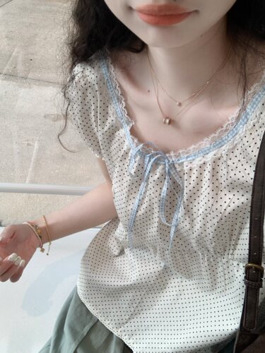 甜美套头短袖波点上衣衬衫