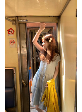 Emilyying蓝色亚麻天丝度假温柔甜美连衣裙2/24晚8点上新领5元券