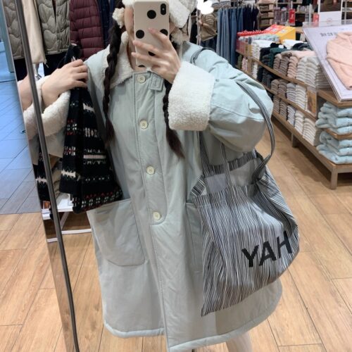治愈系蓝色少女感保暖羊羔毛拼接长款棉服外套