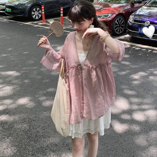 Emilyying春夏新款 纯苎麻香芋紫波点宽松防晒上衣衬衫