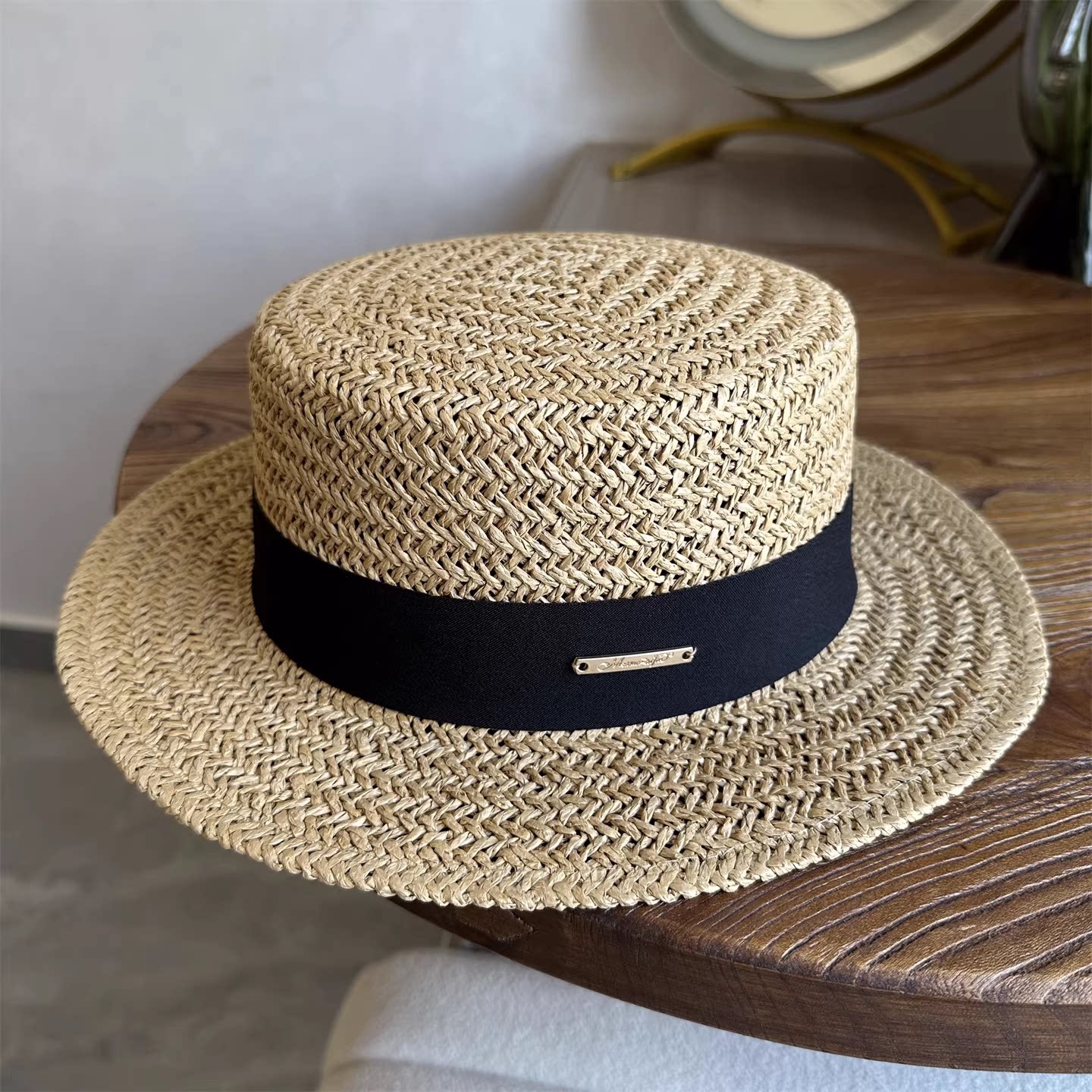 2026春季法式手工编织平顶帽休闲草帽男女夏度假遮阳防晒平顶礼帽