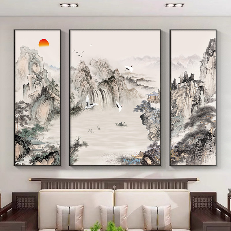 流水生财大气山水三联画新中式农