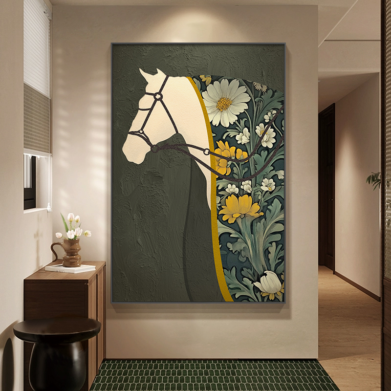 马到成功中古风玄关装饰画复古绿色客厅挂画轻奢高档花卉酒店壁画图片