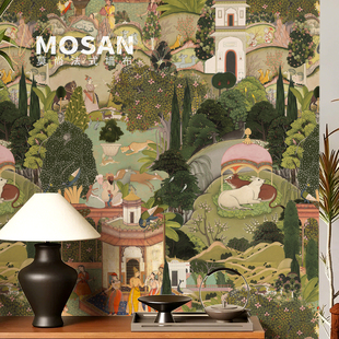 复古壁纸背景墙壁布高级感墙布中古风玄关定制壁画南洋风花园 法式