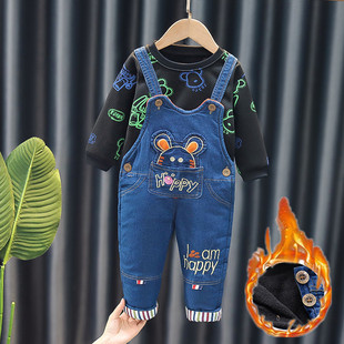 秋冬新款儿童背带裤子男童装牛仔加厚棉裤女宝宝加绒婴幼背带套装