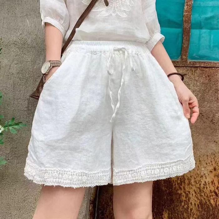 复古风棉麻休闲短裤女白色系带松紧腰蕾丝拼接宽松显瘦三分裤