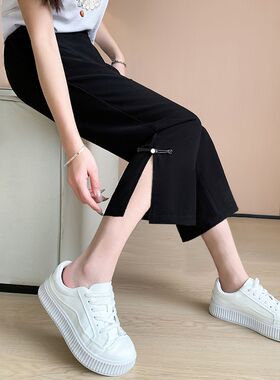 阔腿裤女夏季2025新款宽松垂感黑色开叉八九分休闲显瘦直筒裤子