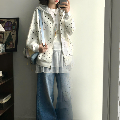 可爱兔子白色波点连帽拉链卫衣开衫外套女秋季宽松百搭短款上衣