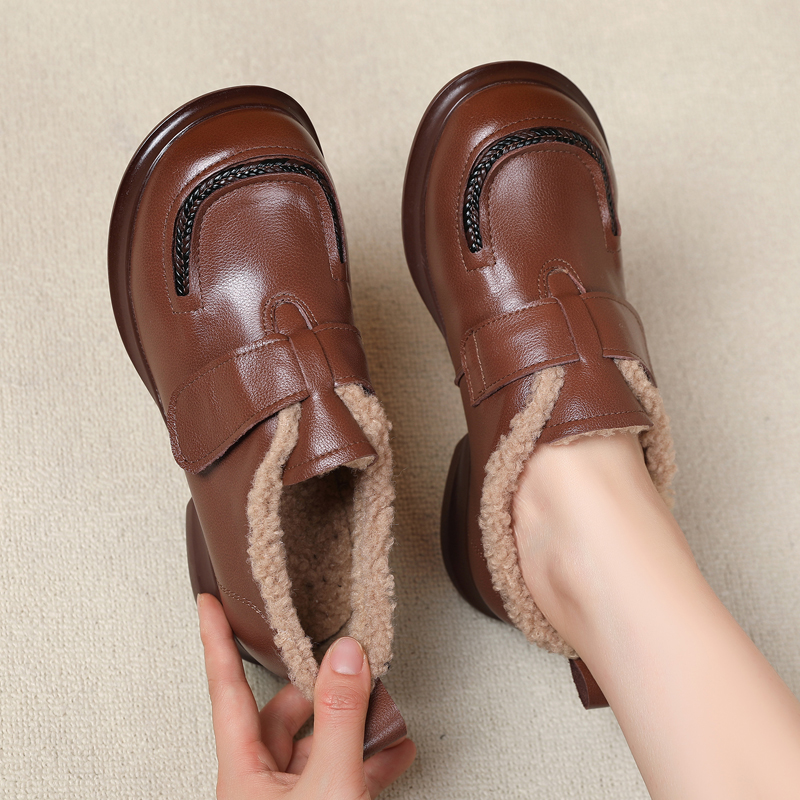 全真皮加绒毛毛女鞋软底防滑棉鞋