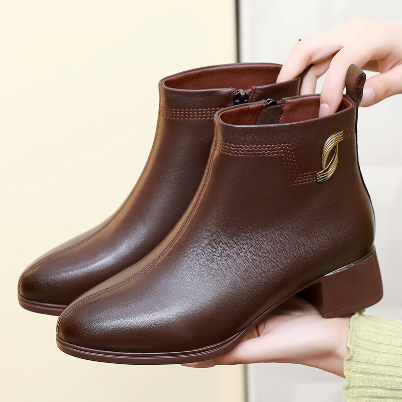 全羊皮粗跟短靴真皮百搭软底女靴