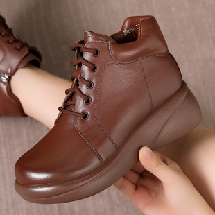 真皮厚底短靴2025秋冬百搭松糕底马丁靴大码圆头女靴系带加绒棉鞋