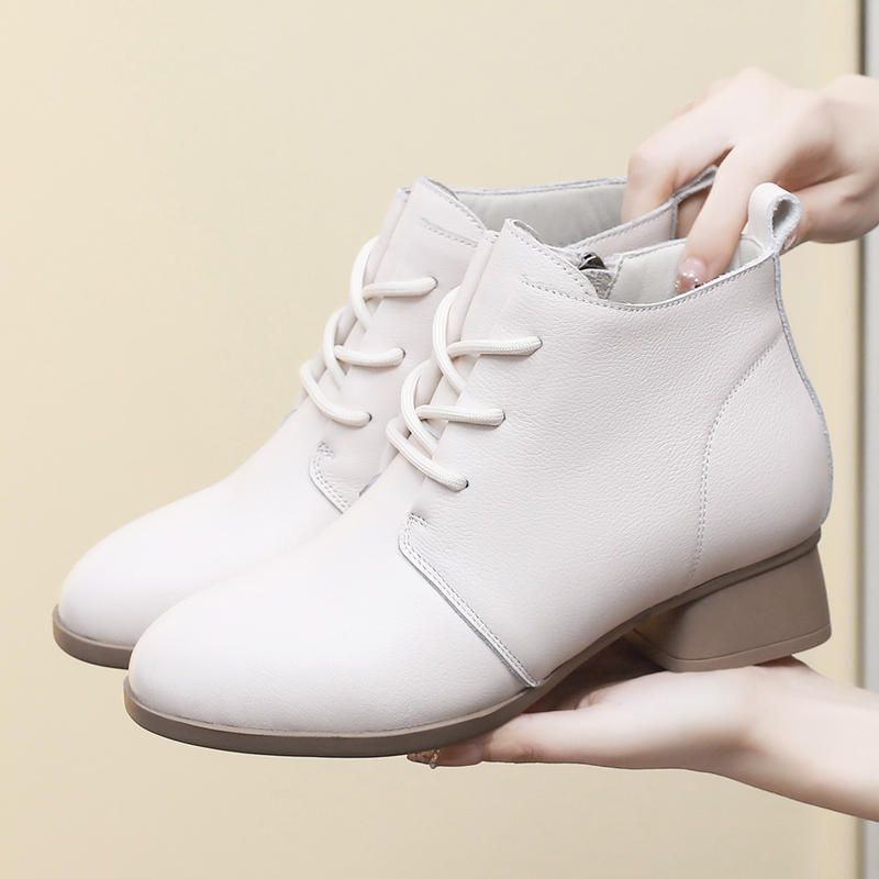 头层牛皮粗跟短靴休闲软底马丁靴