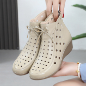 真皮镂空短靴2026春夏新款 软底短筒凉靴 百搭坡跟女靴牛筋底洞洞鞋