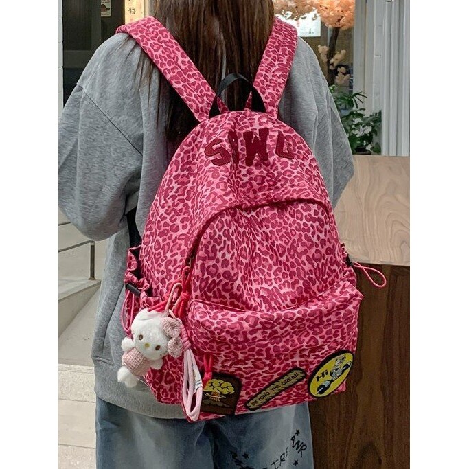 新品潮流豹纹双肩包大容量韩版女初中高中生小众休闲学生背包