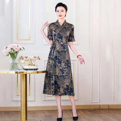 胖东来低领显瘦奥黛中长款中式改良旗袍2025新款女复古妈妈装连衣