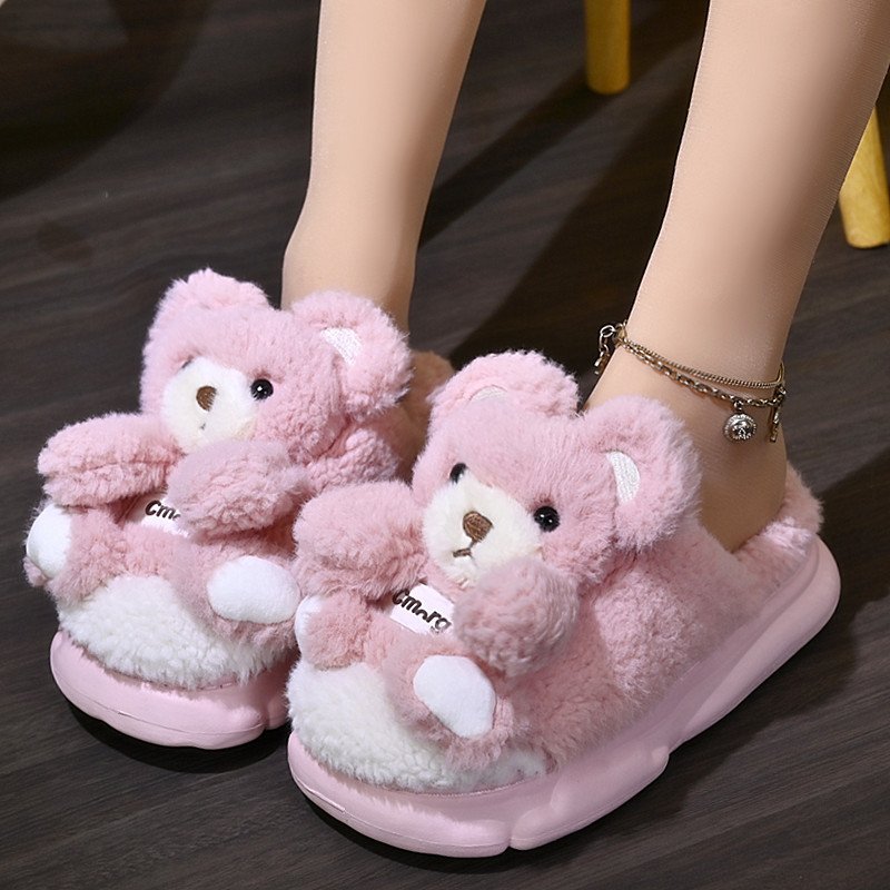 胖I东来2023新款可爱小熊包头棉拖鞋女冬季厚底防滑保暖毛绒卡通
