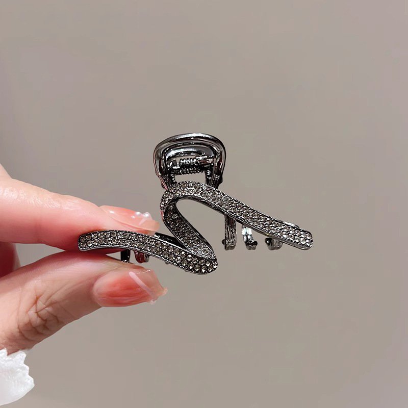 进口新品枪黑色水钻波浪抓夹女设计感后脑勺半扎发夹高级感发顶夹