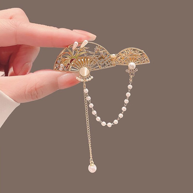 进口古风幽兰花发夹女复古流苏扇子气质鸭嘴夹侧边刘海夹汉服夹子