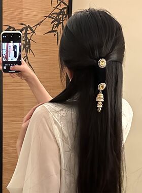 山姆古典韵味新中式蓝色流苏发夹女绝美边夹刘海发卡发饰