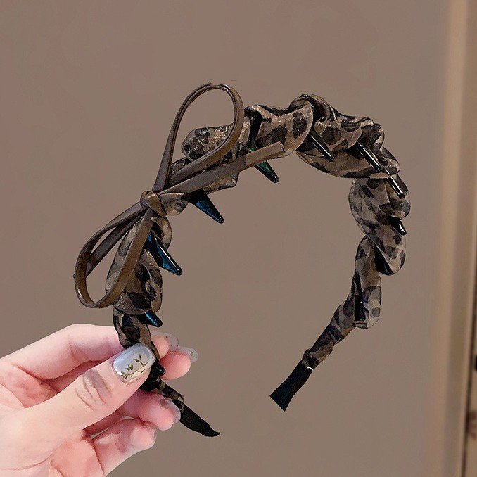 进口韩国东大门新款豹纹网纱带齿蝴蝶结发箍防滑气质百搭高颅顶头