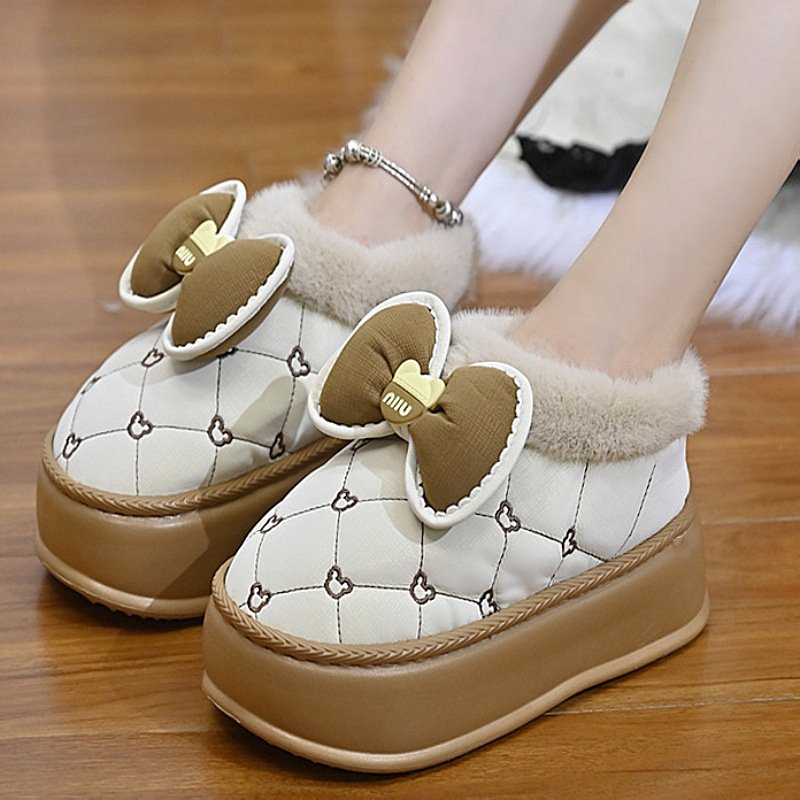 胖I东来2025新款时尚厚底蝴蝶结棉拖鞋女冬季室内家居防水加绒包