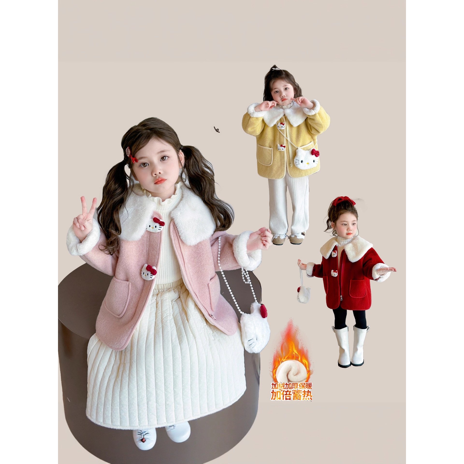 戴维I贝拉女童加绒外套冬装2025新款儿童洋气冬季呢子大衣女孩加