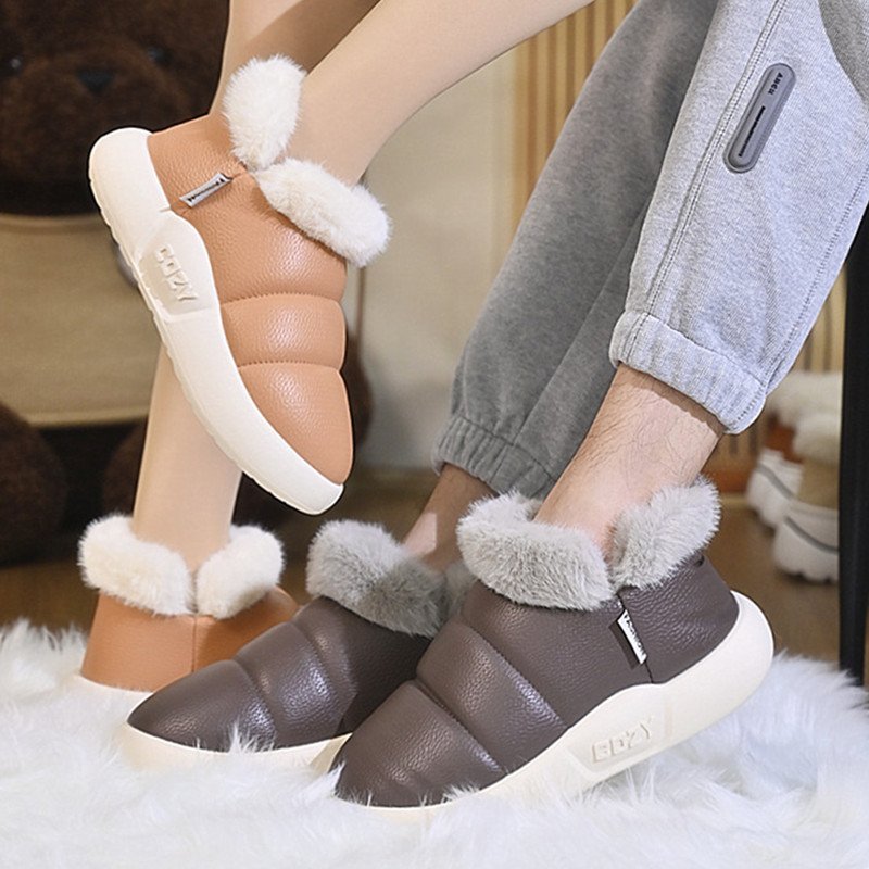 胖I东来2025新款防水PU皮棉鞋情侣包跟厚底室内男冬季加绒棉鞋保