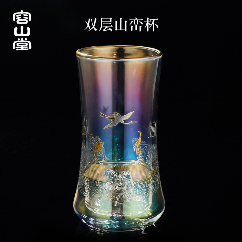 进口焕彩金银烧玻璃杯绿茶泡茶杯双层山峦大号隔热防烫办公水杯