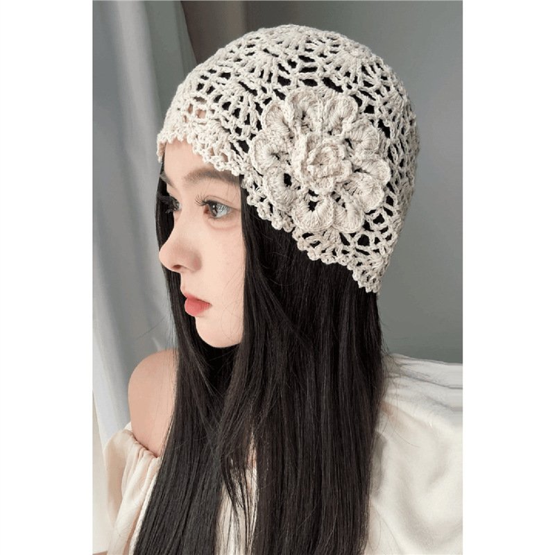 进口2025新款手工钩花镂空花朵针织帽女夏季薄款透气时尚民族风包