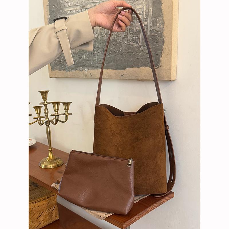 进口复古磨砂麂皮绒腋下水桶包女大容量豹纹单肩斜挎包小众通勤子